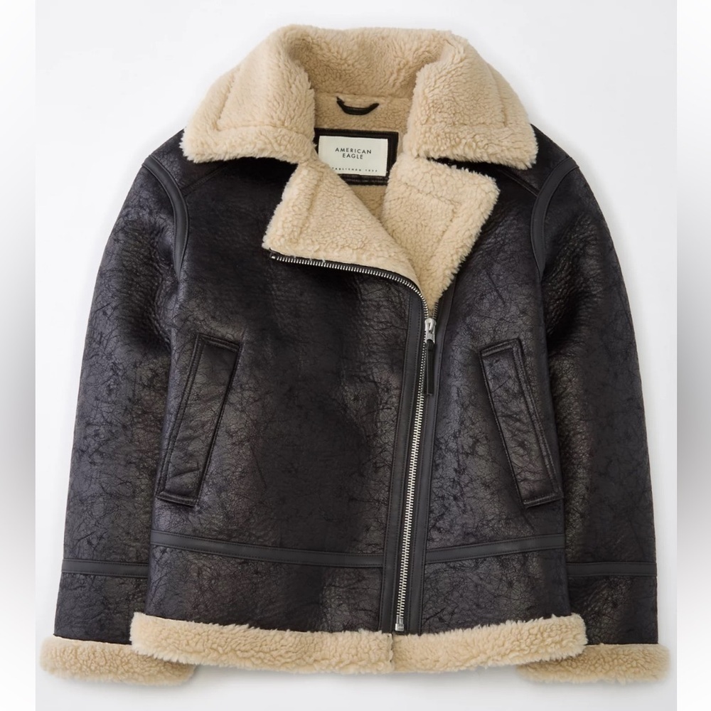 American Eagle AE Oversized Vegan Shearling Moto Jacket Black XL - Picture 3 of 16